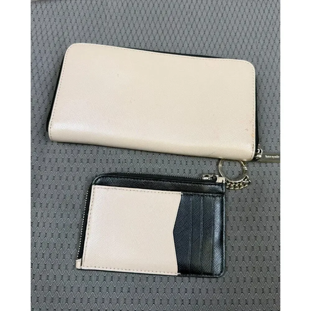 Kate Spade Wallet Womens One Size Beige Black Leather Zip Around Card Case